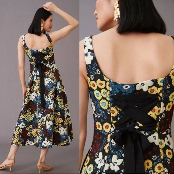Anthropologie Maeve Marigold Floral A-Line Tie Back Fit & Flare Midi Dress - Picture 2 of 16